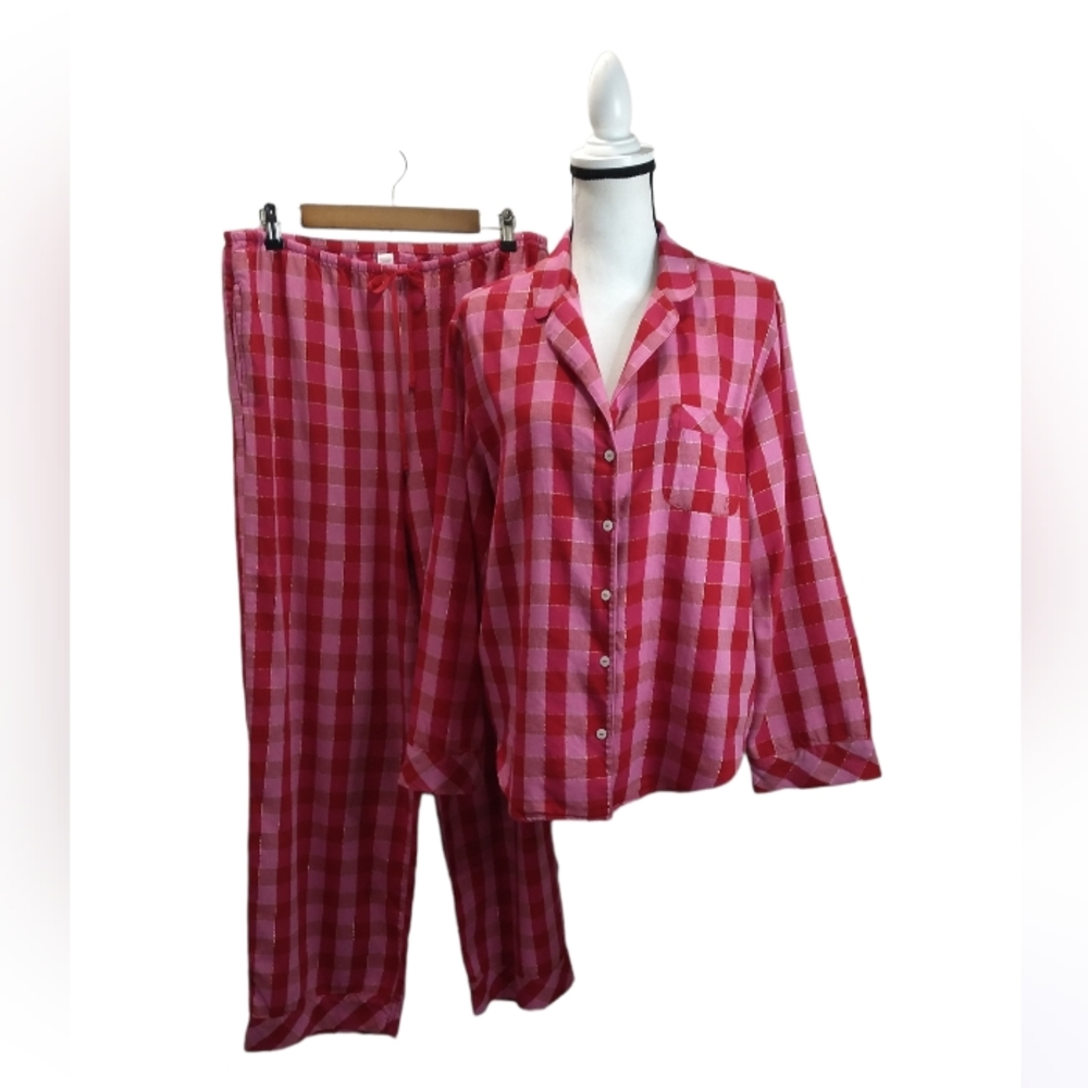 Victoria's Secret Cotton Flannel Red/Pink Shimmer Plaid Pajama Set Size M
